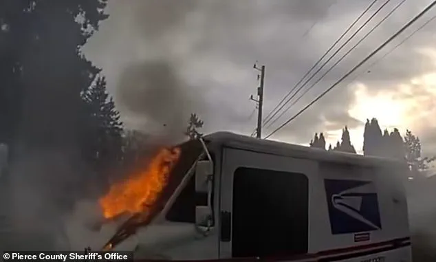 Fire and Chaos: Mail Truck Crash in Parkland, Washington, Captured in Sheriff's Office Body Camera Footage