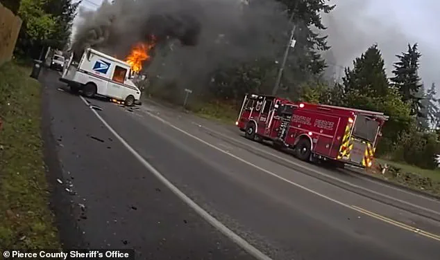 Fire and Chaos: Mail Truck Crash in Parkland, Washington, Captured in Sheriff's Office Body Camera Footage