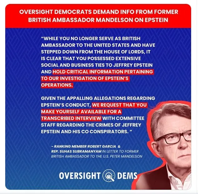 U.S. Congress Demands Testimony from Peter Mandelson Over Alleged Epstein Ties