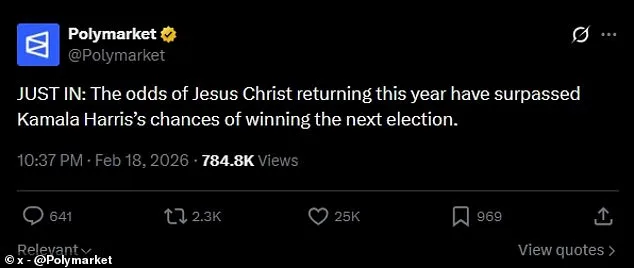 Jesus' Second Coming Odds Outpace Kamala Harris' 2028 Election Chances, Polymarket Data Shows