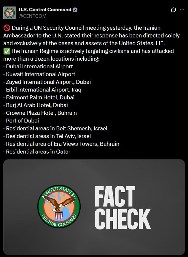 US Central Command Accuses Iran of Lying About Attacks, Claims Regime Targeted Civilians in Multiple Locations