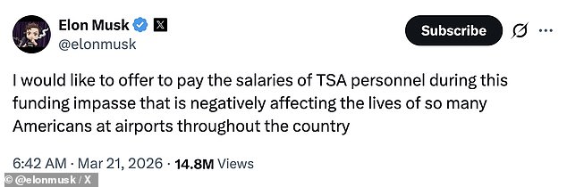 Elon Musk Steps In with Offer to Pay TSA Workers During Shutdown as Airports Grapple with Delays