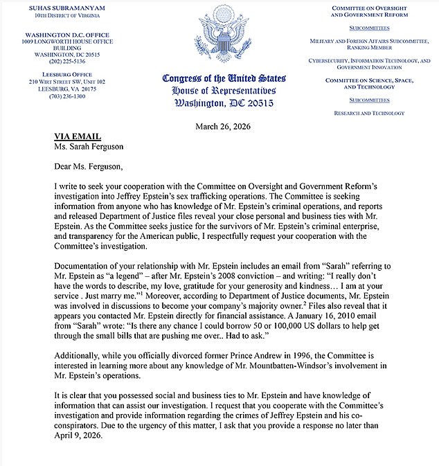 U.S. Congressman Asks Sarah Ferguson to Testify Over Epstein Ties in Sex Trafficking Probe
