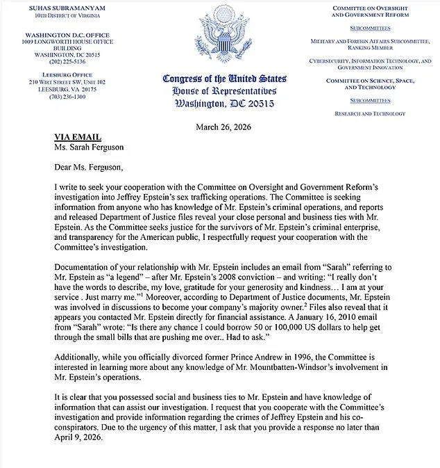 U.S. Congressman Asks Sarah Ferguson to Testify Over Epstein Ties in Sex Trafficking Probe