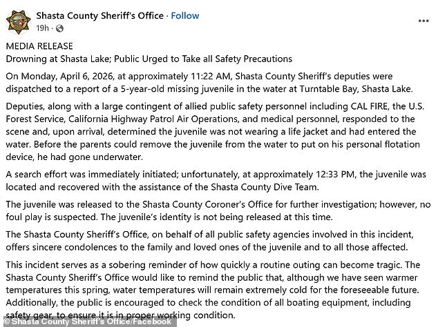 Shasta Lake Tragedy: Five-Year-Old Boy Dies After Drowning Without Required Life Jacket