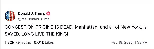 Donald Trump refers to himself as a 'King' after halting NYC congestion pricing