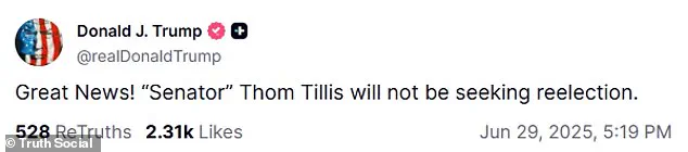 Trump Celebrates Thom Tillis' Exit, Fires Warning at GOP Rebels Over Budget Bill Opposition