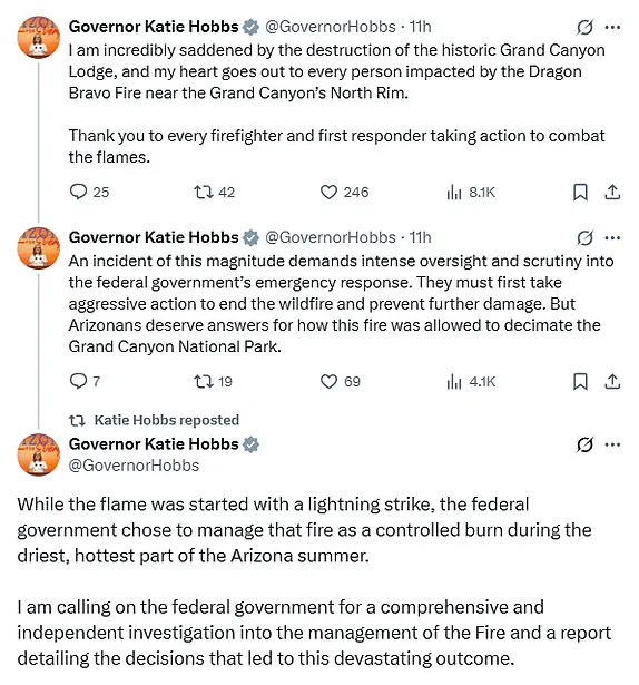 Arizona Governor Katie Hobbs Calls for Federal Investigation into NPS Wildfire Management at Grand Canyon Amid Debate Over Historic Landmark Protection
